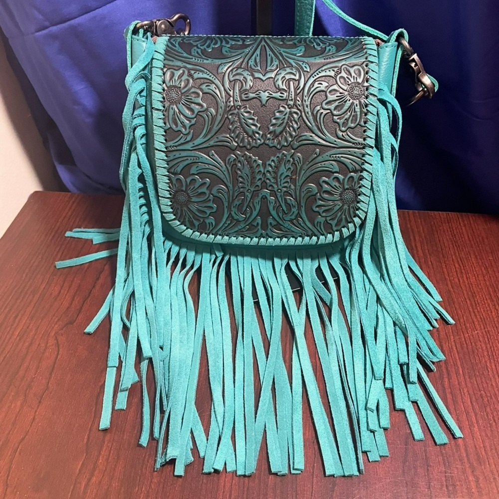 Montana West Turquoise/Black Crossbody Bag with Fringe and Embossed Design
